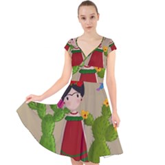 Frida Kahlo Doll Cap Sleeve Front Wrap Midi Dress by Valentinaart