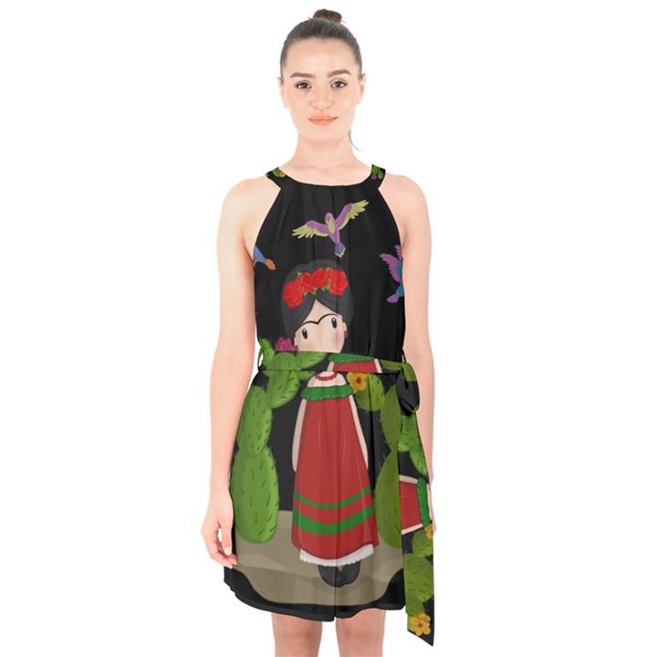 Frida Kahlo doll Halter Collar Waist Tie Chiffon Dress