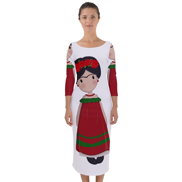 Frida Kahlo doll Quarter Sleeve Midi Bodycon Dress