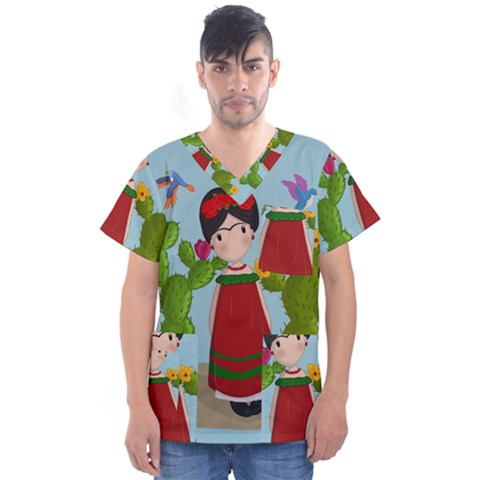 Frida Kahlo Doll Men s V-neck Scrub Top by Valentinaart