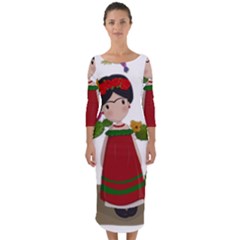 Frida Kahlo Doll Quarter Sleeve Midi Bodycon Dress