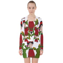 Frida Kahlo Doll V-neck Bodycon Long Sleeve Dress by Valentinaart