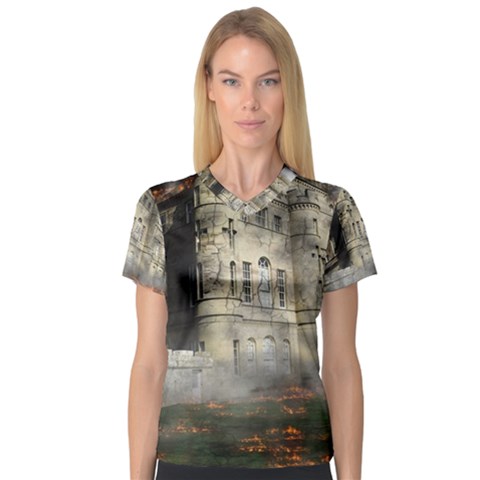 Castle Ruin Attack Destruction V-neck Sport Mesh Tee by Celenk