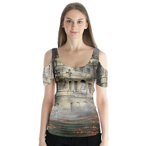 Castle Ruin Attack Destruction Butterfly Sleeve Cutout Tee  by Celenk