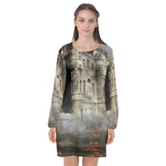 Castle Ruin Attack Destruction Long Sleeve Chiffon Shift Dress  by Celenk