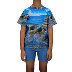 Shoreline Sea Coast Beach Ocean Kids  Short Sleeve Swimwear by Celenk