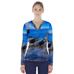 Shoreline Sea Coast Beach Ocean V-neck Long Sleeve Top by Celenk