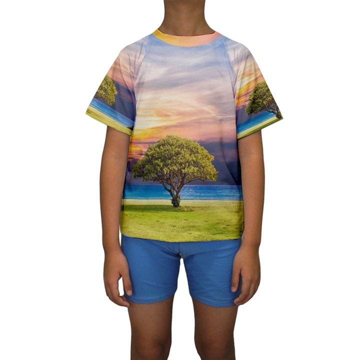 Tree Sea Grass Nature Ocean Kids  Short Sleeve Swimwear