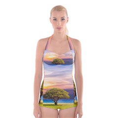 Tree Sea Grass Nature Ocean Boyleg Halter Swimsuit  by Celenk