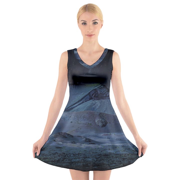 Landscape Night Lunar Sky Scene V-Neck Sleeveless Skater Dress