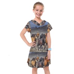 Horses Stampede Nature Running Kids  Drop Waist Dress by Celenk