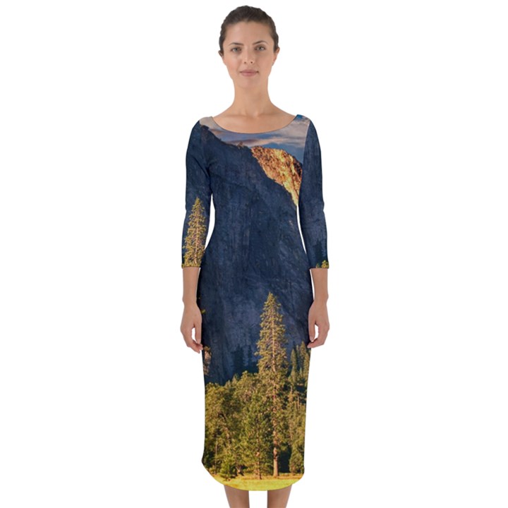 Mountains Landscape Rock Forest Quarter Sleeve Midi Bodycon Dress