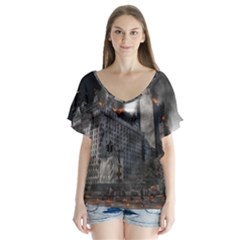 Apocalypse War Armageddon V-neck Flutter Sleeve Top by Celenk