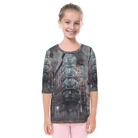 War Destruction Armageddon Disaster Kids  Quarter Sleeve Raglan Tee by Celenk