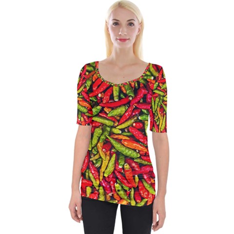 Chilli Pepper Spicy Hot Red Spice Wide Neckline Tee by Celenk