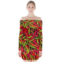 Chilli Pepper Spicy Hot Red Spice Long Sleeve Off Shoulder Dress by Celenk