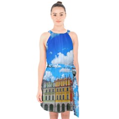 Buildings Architecture Architectural Halter Collar Waist Tie Chiffon Dress by Celenk