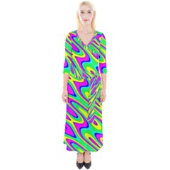 Lilac Yellow Wave Abstract Pattern Quarter Sleeve Wrap Maxi Dress by Celenk