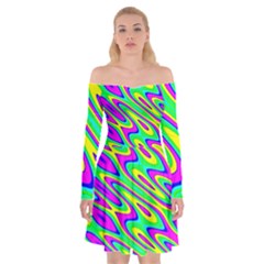 Lilac Yellow Wave Abstract Pattern Off Shoulder Skater Dress by Celenk