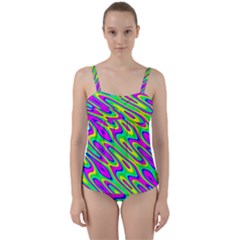 Lilac Yellow Wave Abstract Pattern Twist Front Tankini Set by Celenk