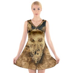 Skull Demon Scary Halloween Horror V-neck Sleeveless Skater Dress by Celenk