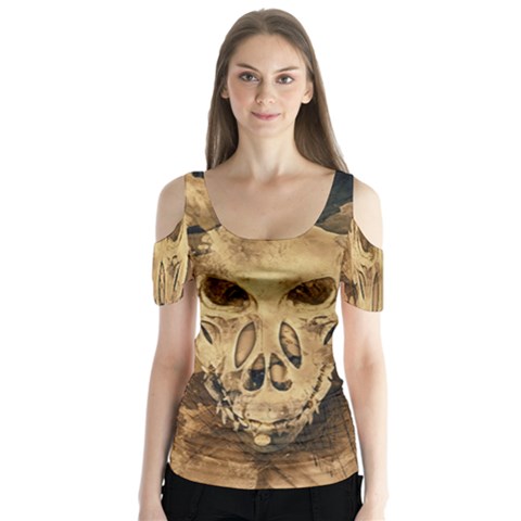 Skull Demon Scary Halloween Horror Butterfly Sleeve Cutout Tee  by Celenk