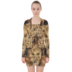 Skull Demon Scary Halloween Horror V-neck Bodycon Long Sleeve Dress by Celenk