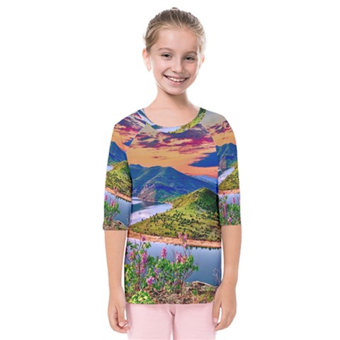 Landscape River Nature Water Sky Kids  Quarter Sleeve Raglan Tee by Celenk