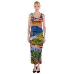 Landscape River Nature Water Sky Fitted Maxi Dress by Celenk