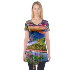 Landscape River Nature Water Sky Short Sleeve Tunic  by Celenk