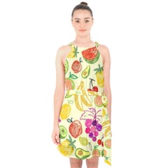 Cute Fruits Pattern Halter Collar Waist Tie Chiffon Dress by paulaoliveiradesign