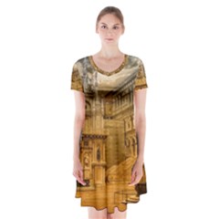 Palace Monument Architecture Short Sleeve V-neck Flare Dress