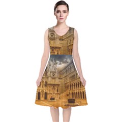 Palace Monument Architecture V-Neck Midi Sleeveless Dress 