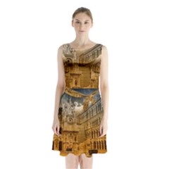 Palace Monument Architecture Sleeveless Waist Tie Chiffon Dress