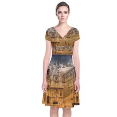 Palace Monument Architecture Short Sleeve Front Wrap Dress