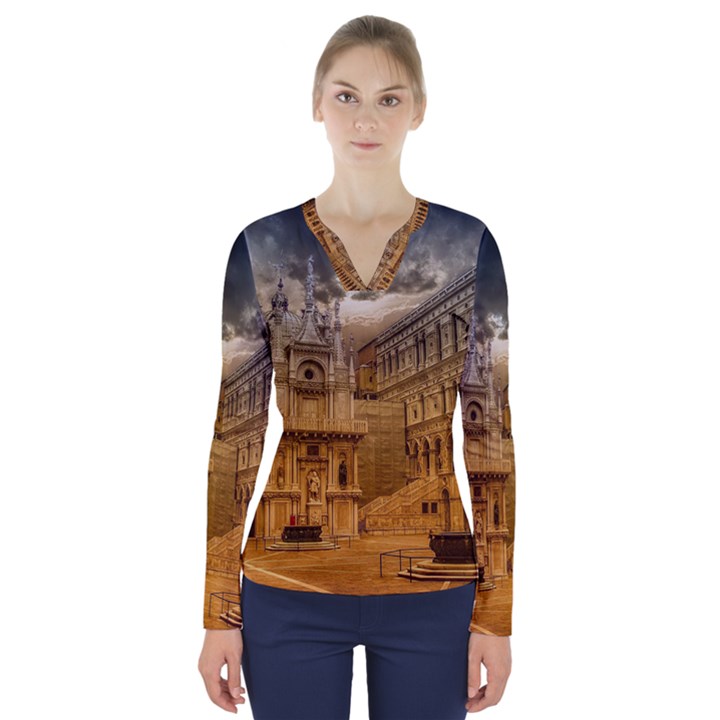 Palace Monument Architecture V-Neck Long Sleeve Top