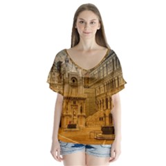 Palace Monument Architecture V-Neck Flutter Sleeve Top