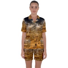 Palace Monument Architecture Satin Short Sleeve Pyjamas Set