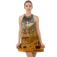 Palace Monument Architecture Halter Tie Back Chiffon Dress