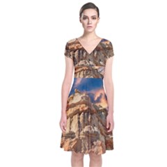 Canyon Dramatic Landscape Sky Short Sleeve Front Wrap Dress by Celenk