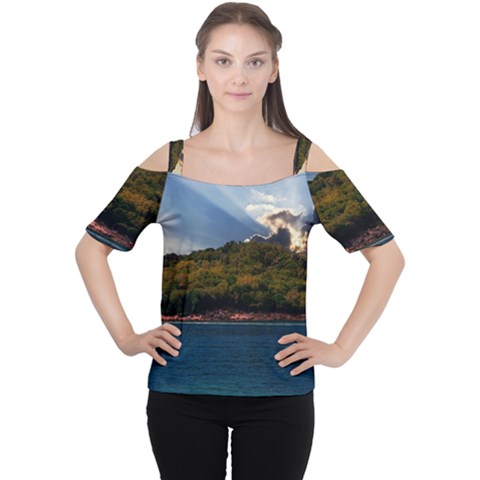 Island God Rays Sky Nature Sea Cutout Shoulder Tee by Celenk