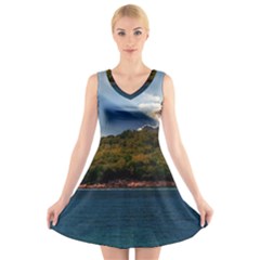 Island God Rays Sky Nature Sea V-neck Sleeveless Skater Dress by Celenk