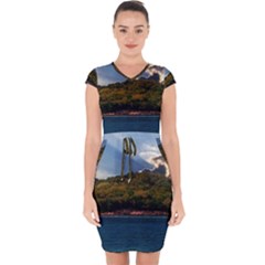 Island God Rays Sky Nature Sea Capsleeve Drawstring Dress  by Celenk