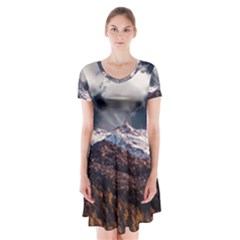 Mountain Sky Landscape Hill Rock Short Sleeve V-neck Flare Dress