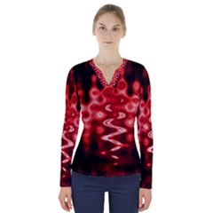 Red And Black Wave Pattern V-neck Long Sleeve Top by Celenk