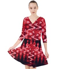 Red And Black Wave Pattern Quarter Sleeve Front Wrap Dress	