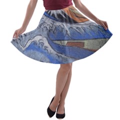 Harvard Mayfair Hokusai Chalk Wave Fuji A-line Skater Skirt by Celenk