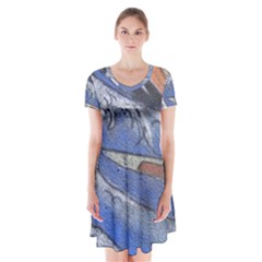 Harvard Mayfair Hokusai Chalk Wave Fuji Short Sleeve V-neck Flare Dress by Celenk