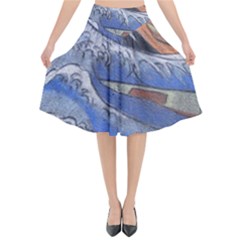 Harvard Mayfair Hokusai Chalk Wave Fuji Flared Midi Skirt by Celenk