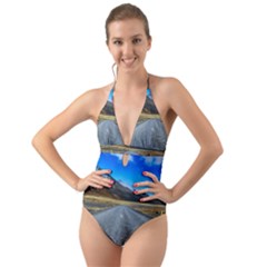 Road Mountain Landscape Travel Halter Cut-out One Piece Swimsuit